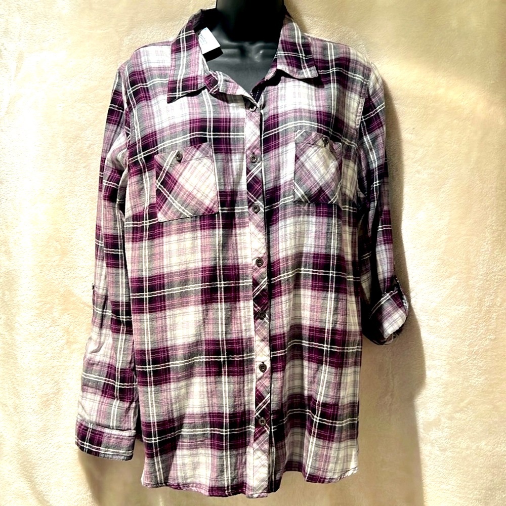 NWT 🤠 DRESS BARN PURPLE/PINK/WHITE COTTON PLAID BUTTON DOWN SHIRT Women’s 1X - Picture 2 of 10